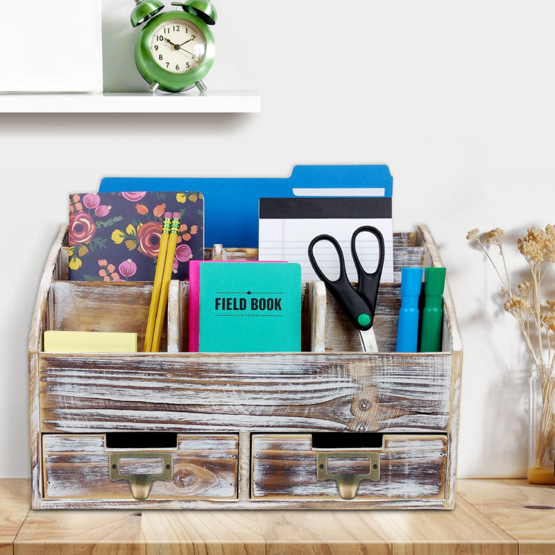 Rustic Brown Wood Multifunction Desk Organizer with Drawers
