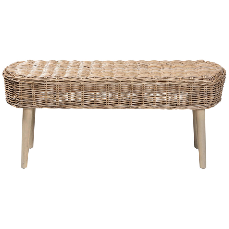 Banc tissé de style bohémien avec pieds fuselés, siège ovale, conception ajourée, fabriqué à la main en bois et gris, 43,65 po de largeur, 16,48 po de profondeur, 17,75 po de hauteur, 18,48 lb.