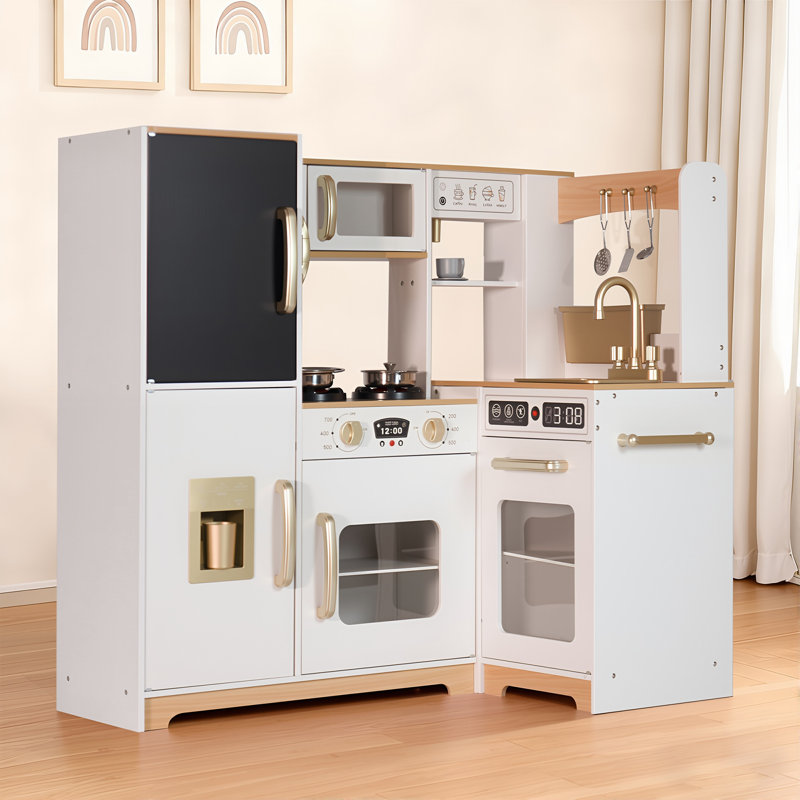 Wooden Modular Corner Play Kitchen with Writing Board, Stove, Sink, Drink Machine, and Phone, White/Beige