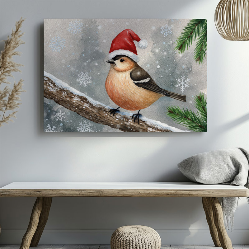 Toile, une charmante scène d'hiver avec un petit oiseau dodu perché sur une branche recouverte de neige ornée d'une toile rouge vif