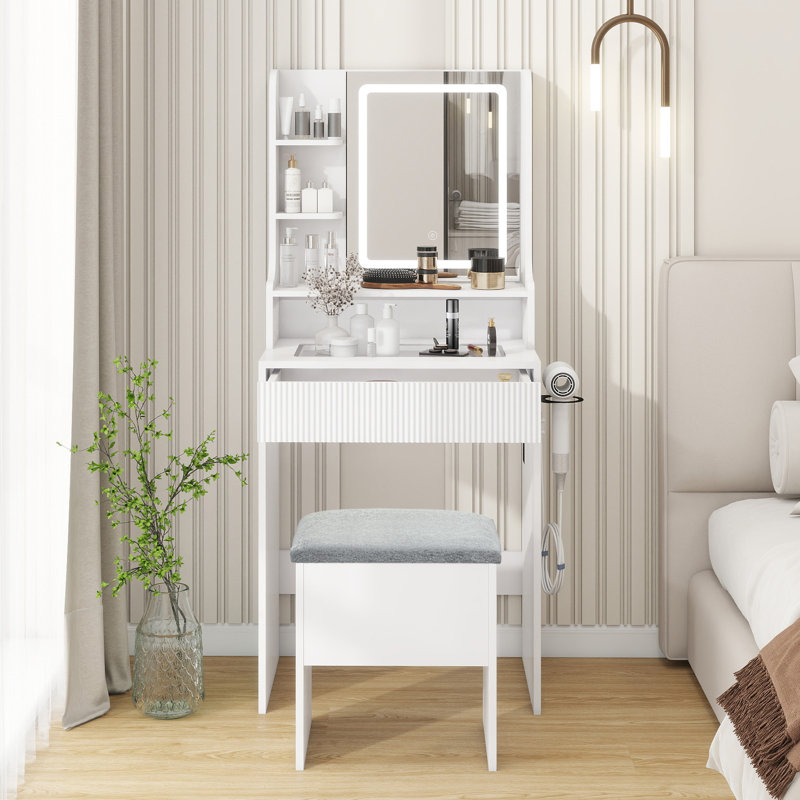 Dressing Table With Charging, Led Lighted Mirror Makeup Vanity With Storage Stool, Glass Tabletop, White