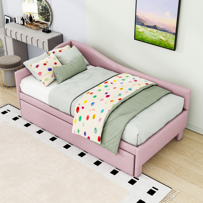 Lit de jour simple avec dossier en L et lit gigogne simple, Rose