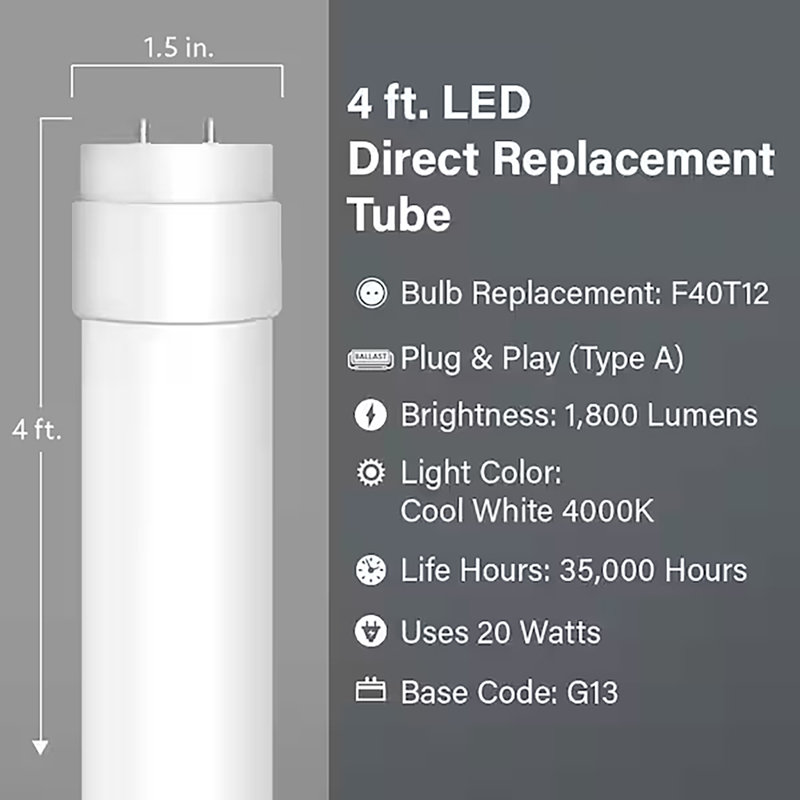 Ampoule DEL blanche froide G13 47,4 po Feit Plug & Play, équivalente à 40 watts, paquet de 10