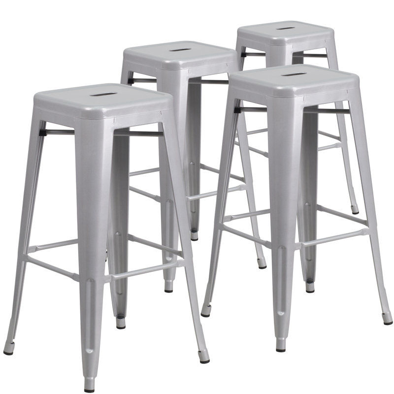 Kai Industrial Style Bar Stool - Set of 4 - Modern Metal Counter or Bar Height, Silver, Bar Stool (30" Seat Height)