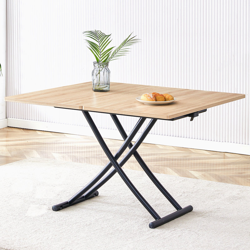 Modern Minimalist Multifunctional Lift Table With 0.8-Inch MFC Tabletop And Black Metal Legs, Can Be Used As Dressing Table, Coffee Table, Dining Table, And Office Desk.