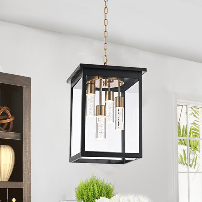 Luminaire suspendu d'extérieur à DEL 4 lumières DEL noir et laiton Grand luminaire suspendu pour véranda avec luminaires d'extérieur Haninging et lanterne pour porte d'entrée