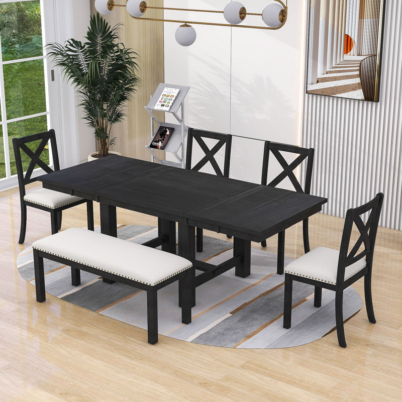 Stanely 6-Piece Extendable Dining Table with Footrest, 4 Linen Upholstered Dining Chairs and Bench, Black