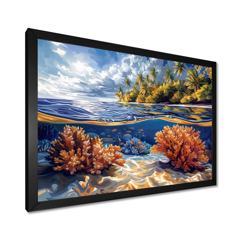 Impression d'art mural brun et bleu grande barrière de corail III - corail, H 12 po x l 20 po, Cadre simple noir, bois massif