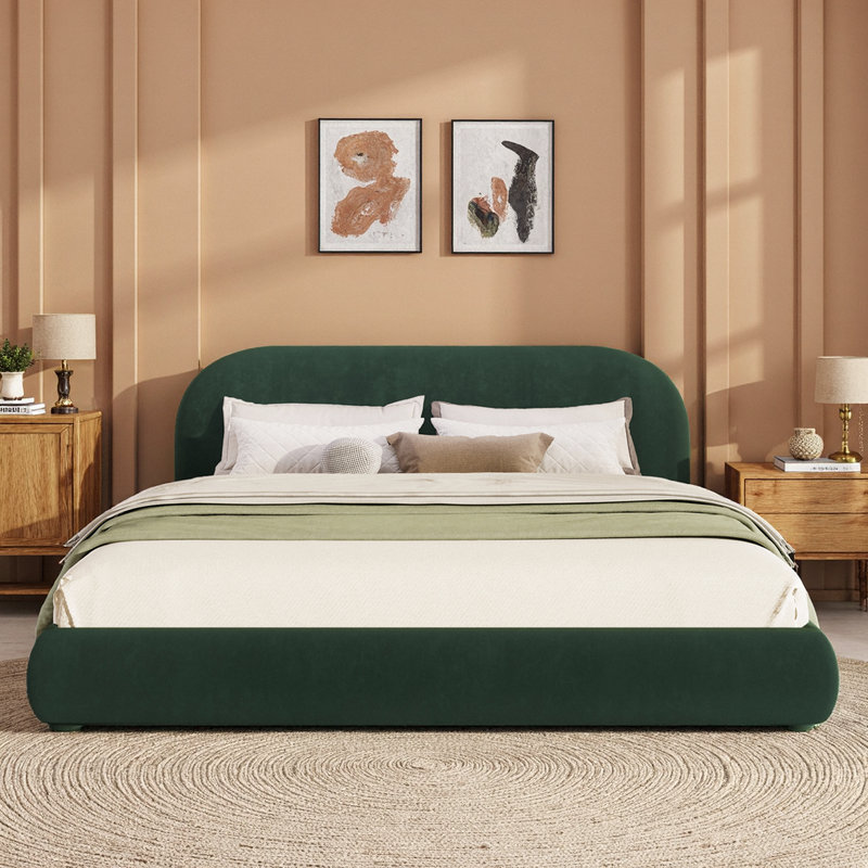 Grand lit plateforme en velours de luxe avec tête de lit courbée, Queen, Green