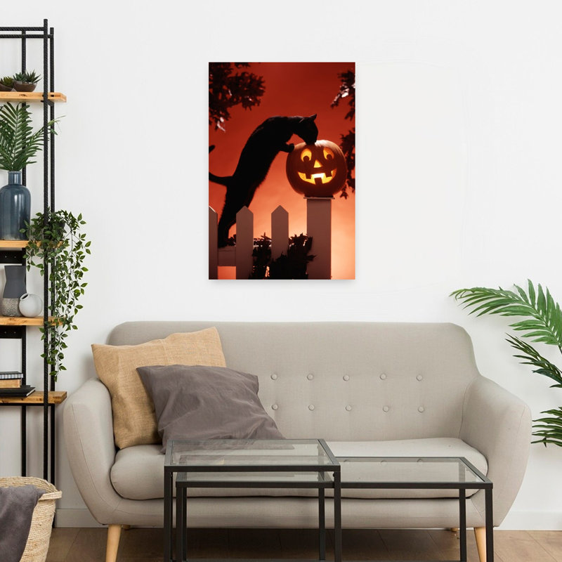 Art mural des années 1980, Jack-O'-Lantern et chat noir, H 24 po x l 16 po