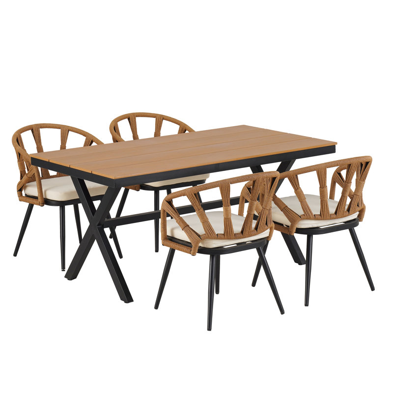 Contemporary Outdoor Set With PE Rattan Chairs And Plastic Wood Table,Suitable For Gardens And Lawns, Natural