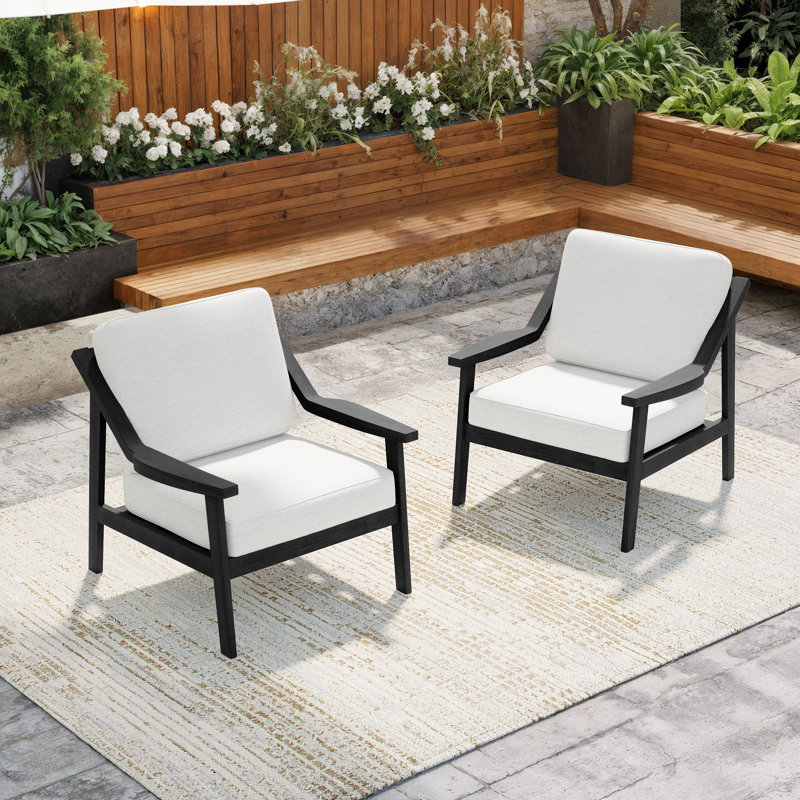 Marlo Solid Wood Teak Outdoor Lounge Chairs With Cushion And Arms, Beige, Black