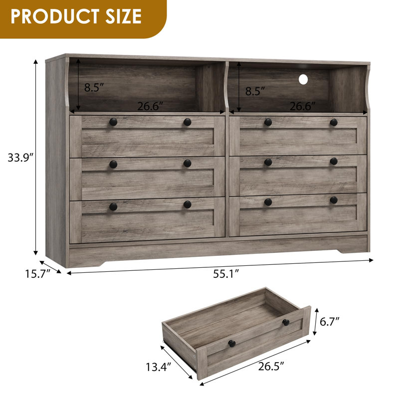 Commode moderne à 6 tiroirs de 140 cm (55 po) avec prise de courant intégrée et éclairage DEL RVB, MDF résistant aux marques, stabilité anti-basculement, tiroirs à glissière lisses