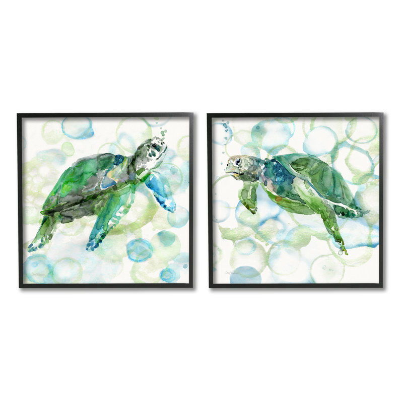 Swimming Sea Turtle Print on Canvas with Black Frame, Set of 2