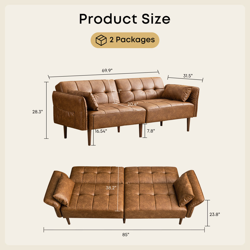 Futon Sofa Bed  Faux Leather Sofas Adjustable Armrest And Backrest Couches For Living Room /Bedroom, Brown