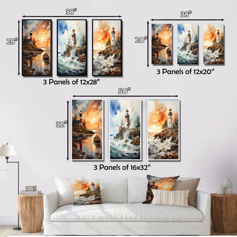 "Phares par la falaise", 3 pièces sur toile, Cadre flottant noir, H 28 po x l 36 po