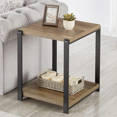 Industrial Square End Table With Storage Shelf, Rustic Wood And Metal Nightstand For Living Room, Bedroom, Or Office, Oak Finish, 19"W X 18"D X 22"H