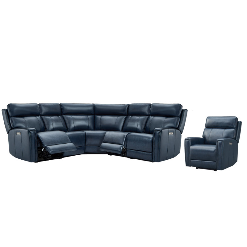 Fauteuil modulaire inclinable électrique en L Emlin, Cuir véritable bleu, Bouton poussoir d'alimentation