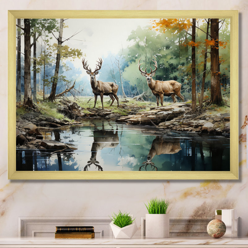 «Deer Majestic Reflections - Deer», reproduction d'art sur toile encadrée, Cadre doré simple, H 12 po x l 20 po x P 1 po