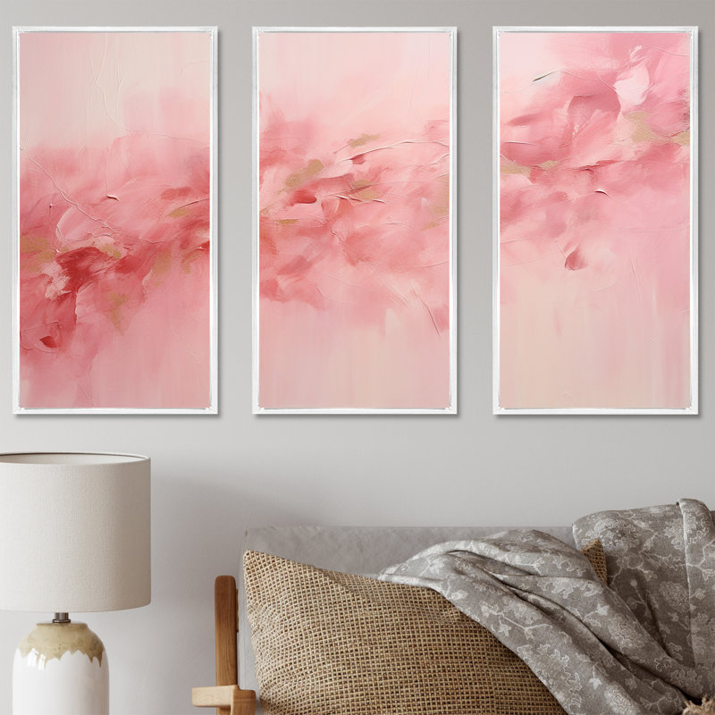 «Gold and Pink Minimal Abstract River II», ensemble d'art sur toile fuschia, H 32 po x l 48 po x P 1 po, Cadre flottant blanc