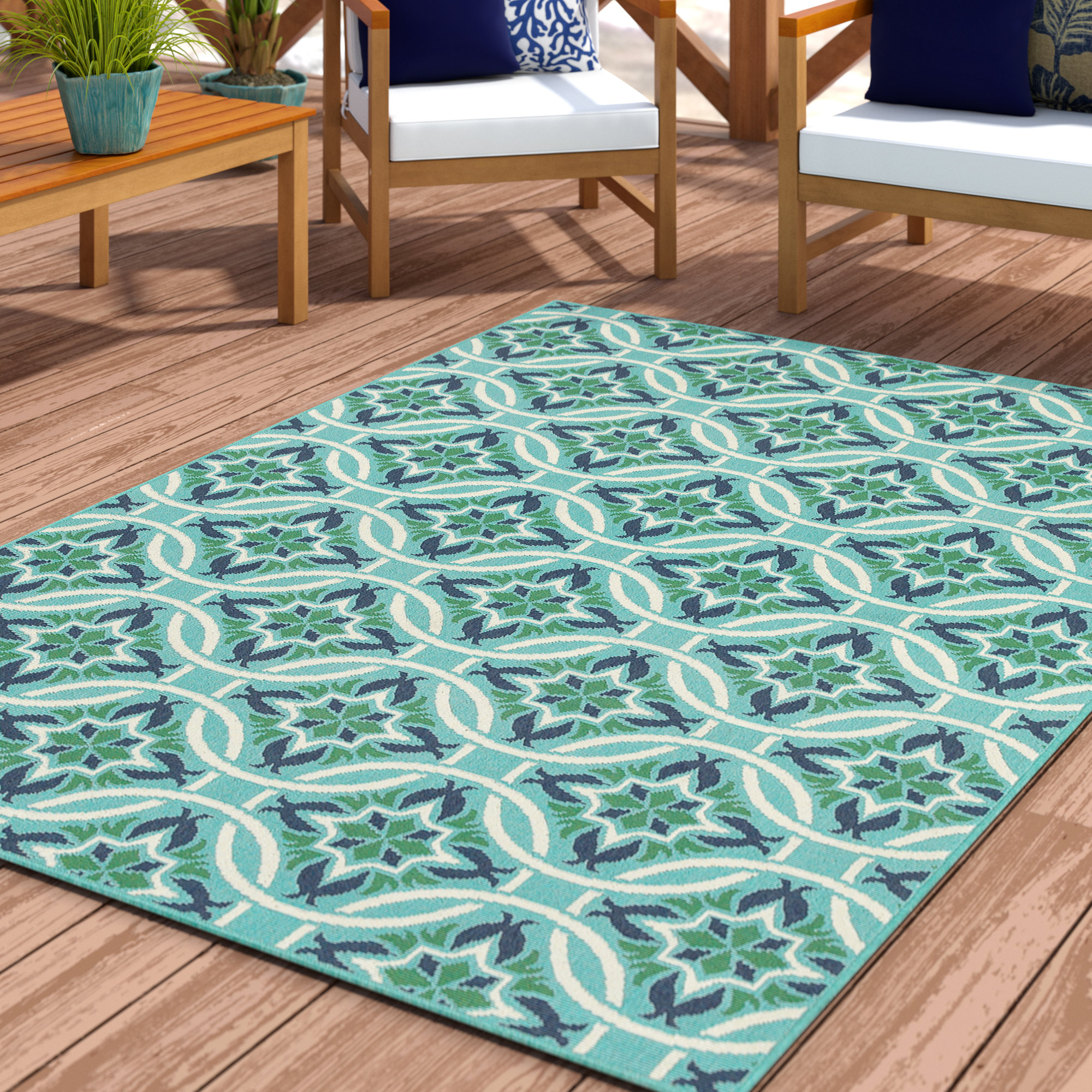 Andover Mills™ Jaeden Damask Blue/ Green Indoor / Outdoor Area Rug ...