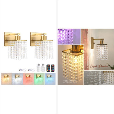 Ensemble de 2 appliques murales à piles en cristal, lampes murales rechargeables sans fil avec pile 5200 mAh et télécommande, lumières murales modernes à DEL à intensité variable pour le couloir de la salle de bain
