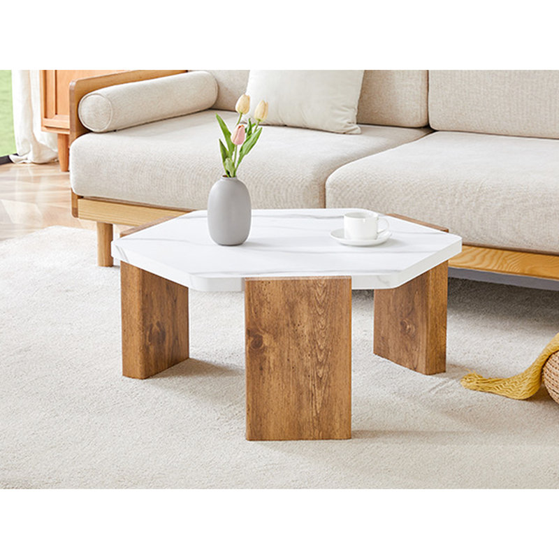 Table basse 31 pouces, pentagonale, blanche, d'inspiration naturelle, surface texturée en marbre, base triangulaire, charge de 250 lb