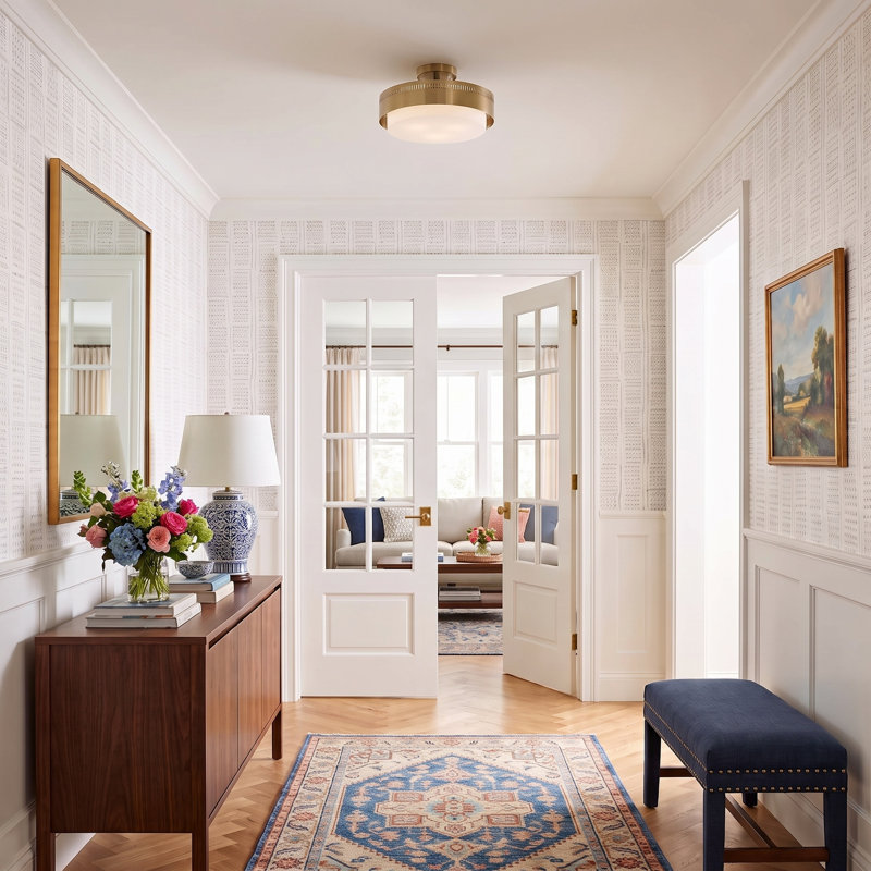 Modern Brushed Gold Semi-Flush Mount Ceiling Light with White Diffuser