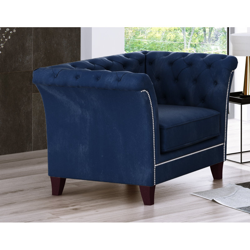Chesterfield  Armchair Made of Velvet Fabric with Solid Wood Legs, Navy Blue