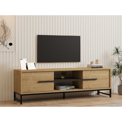 Sleek Modern TV Stand, Sapphire Oak, 63.0 x 19.7 x 15.7 inches | 100% Melamine Coated Particle Board, Thickness: 0.7 inches | Wall-Mountable Design, Multiple Shelves, Ideal for Living Room & Entertainment Spaces