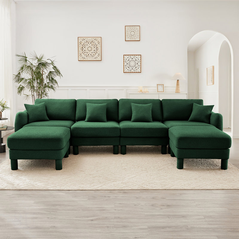 Boucle Fabric U Shape Sectional 4-Seater Sofa With Shell-Shaped Armrests And 2 Movable Ottomans, Cylindrical Legs Wrapped In Self-Fabric
