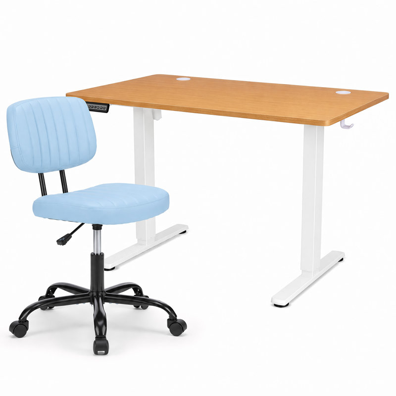 Bureaux réglables en hauteur avec chaise de bureau pivotante en similicuir, Oak/White