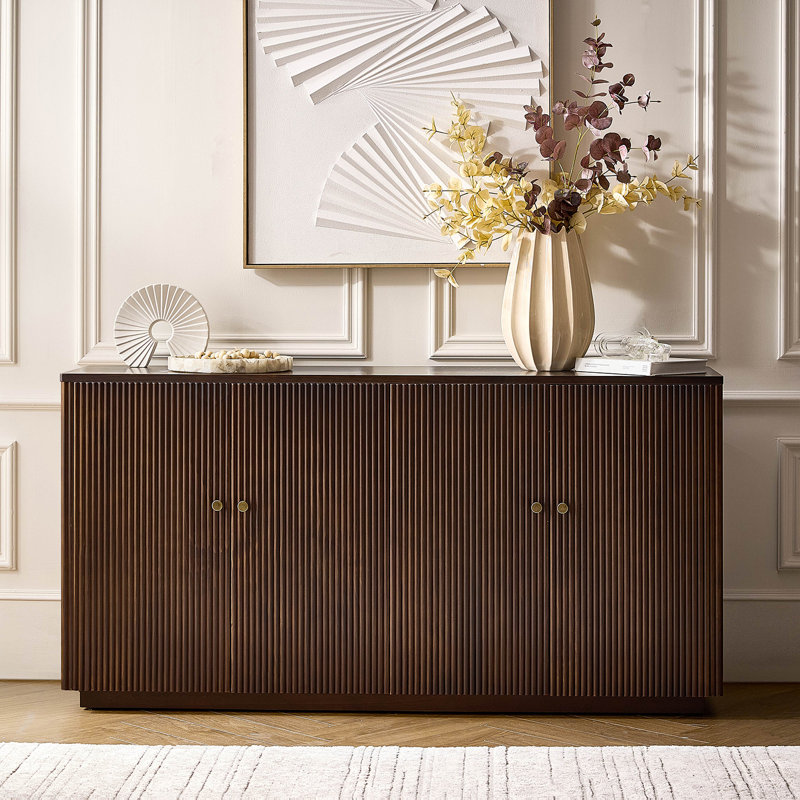 Martha Modern 63" W 4-Door Fluted Solid Wood Sideboard with Cable Management and Adjustable Shelves, Walnut