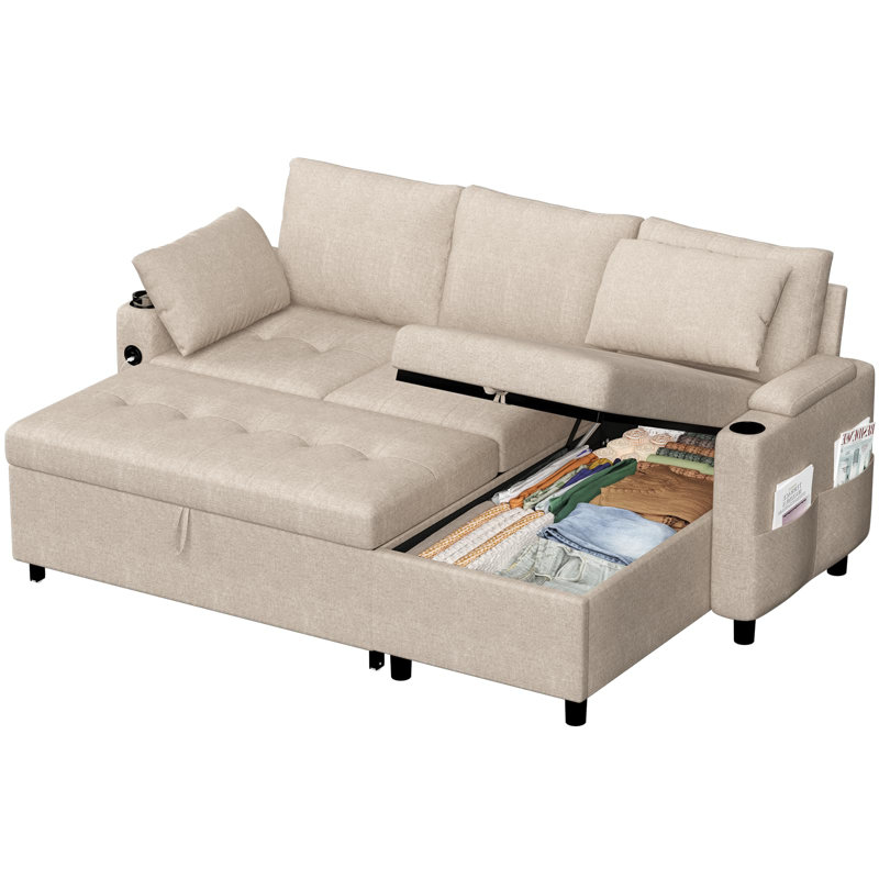 3 Seater Linen Sofa Bed, Beige