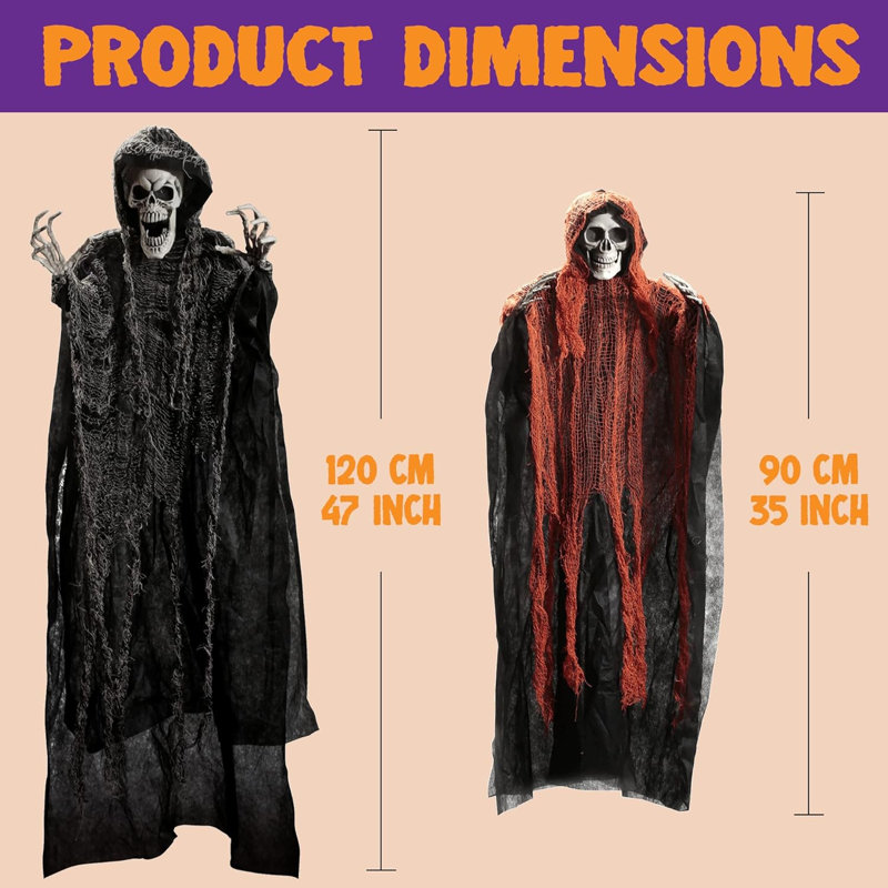 Paquet de 3 faucheuses d'Halloween suspendues d'Halloween, un faucheur d'Halloween de 47 po et deux faucheuses d'Halloween de 35 po, un squelette d'Halloween fantôme volant pour une décoration de maison hantée, décoration intérieure d'Halloween