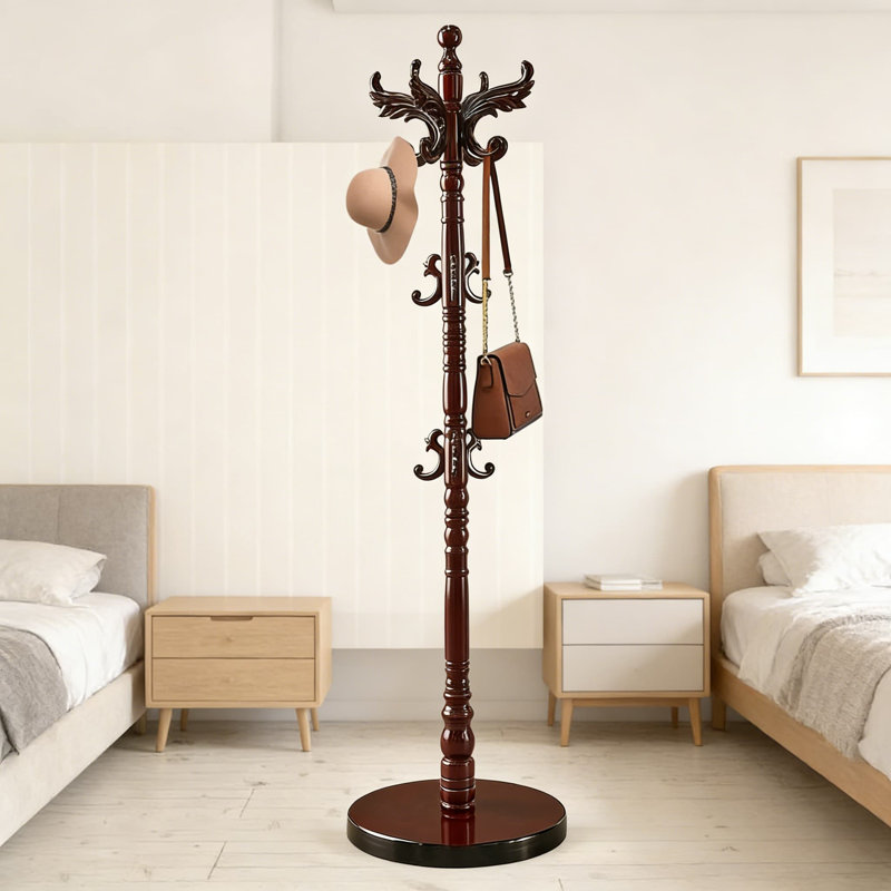 Waavryee Solid Birch Wood Coat Rack With 14 Hooks, Freestanding Heavy-Duty Clothes Tree For Entryway, Office, Or Corner, Vintage European Design With Triangular Base