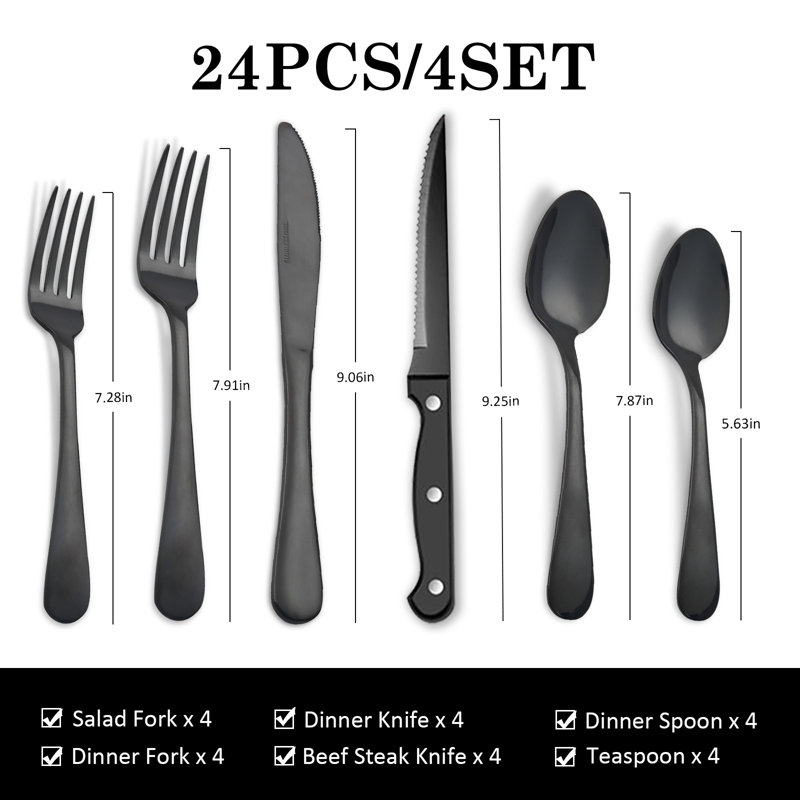Ensemble de couverts 24 pièces en acier inoxydable noir - Ustensile de coutellerie élégant pour 4 personnes, salle à manger élégante pour les mariages, fêtes et banquets