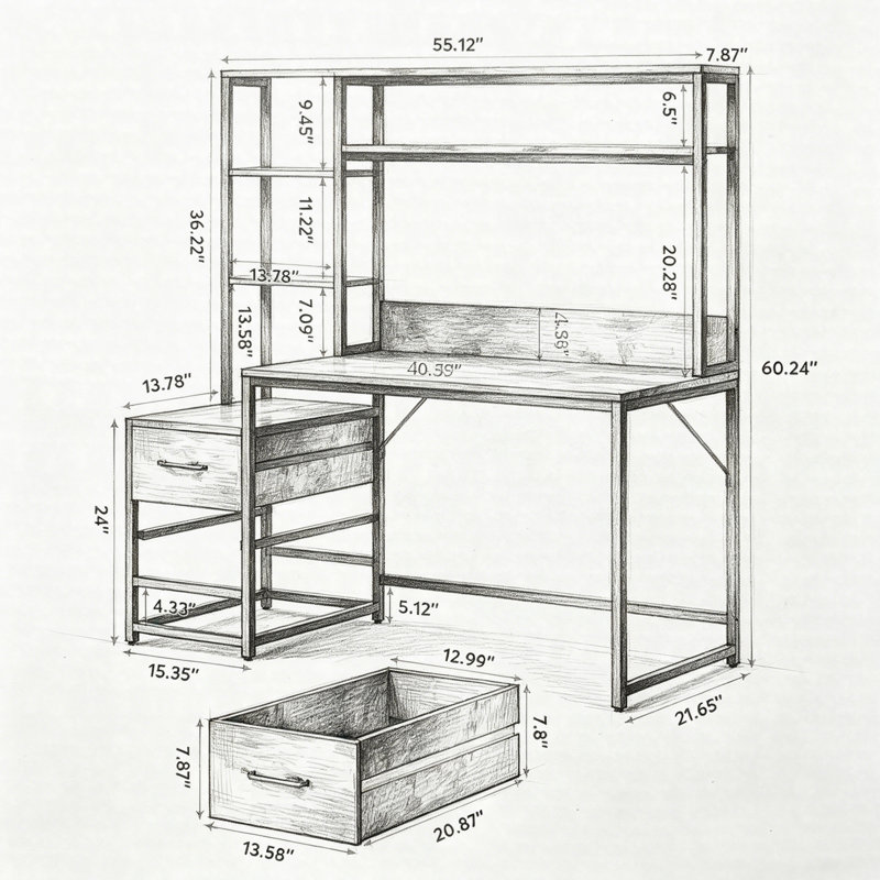 Bureau d'ordinateur de 55 pouces avec tablettes de rangement, bureau rustique avec tiroirs et huche, Blanc