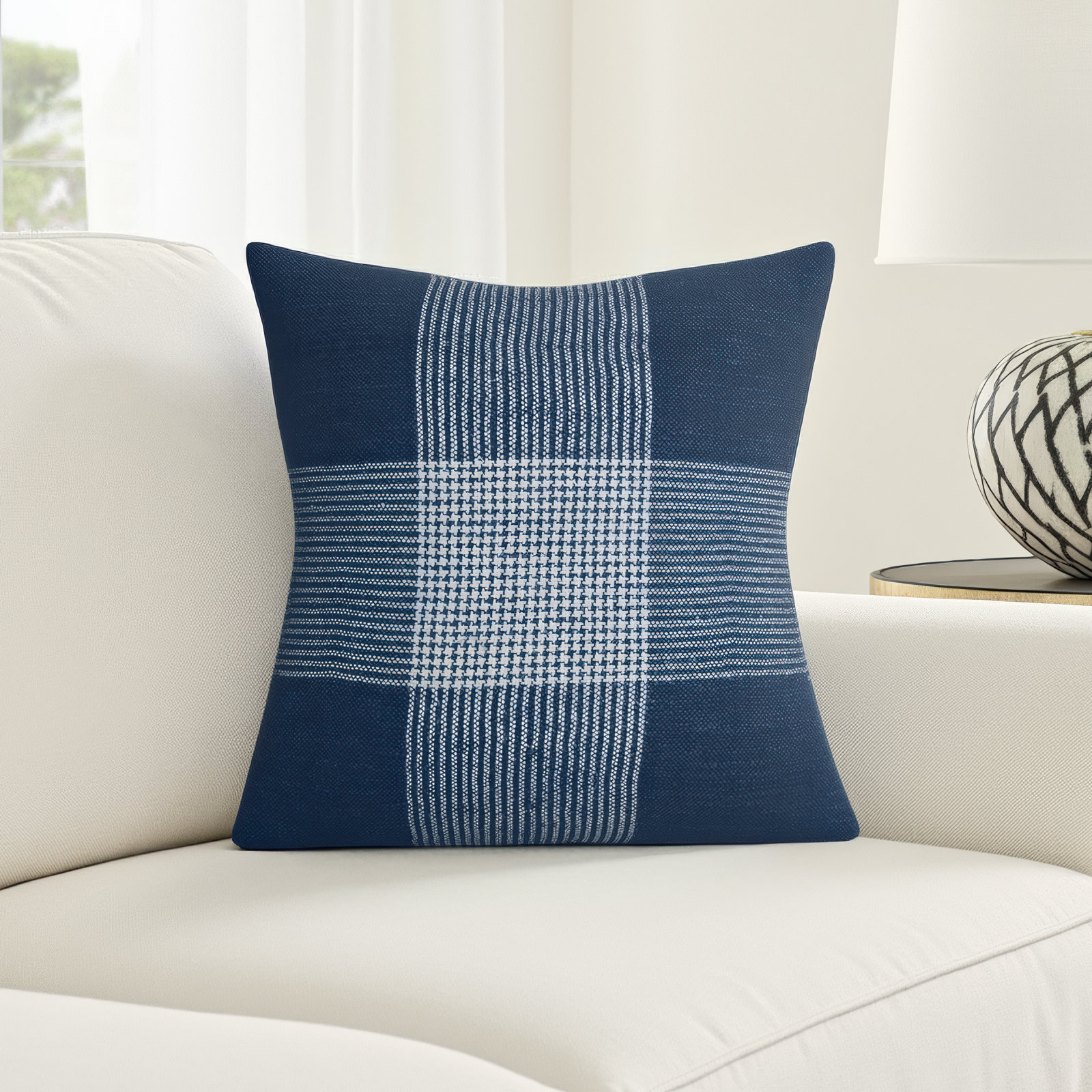 Carwyn Plaid Cotton Throw Pillow, Blue