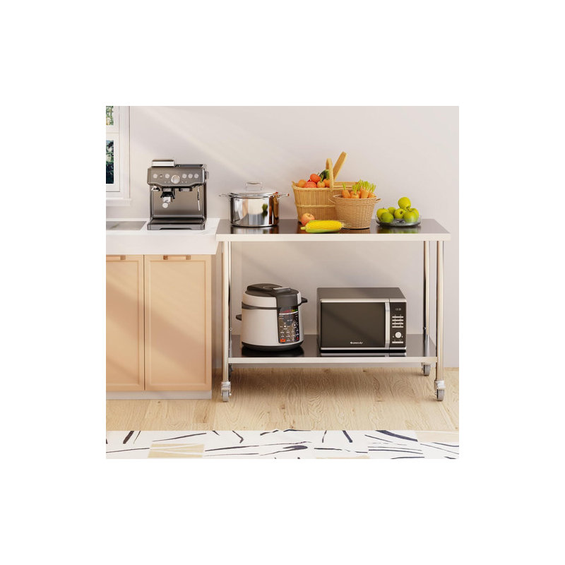 NSF Stainless Steel Prep Table with Adjustable Shelf & Casters, Commercial Work Table for Restaurant Kitchen
