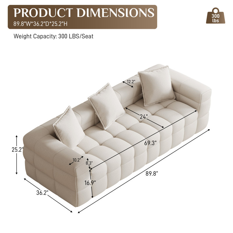 Canapé capitonné à compression 89,8 po avec oreillers Boneless, Beige