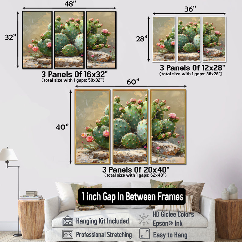 Shoshana - Ensemble de décoration murale cactus floral, Cadre flottant noir, H 28 po x l 36 po