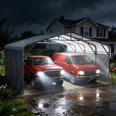 20 x 20 Ft Heavy-Duty Steel Carport Shelter with Solar Motion Lights & Detachable Waterproof PE Sidewalls, 400 Sq.Ft Dual Vehicle Garage Cover, Wind & Snow Rated for Outdoor Storage Events