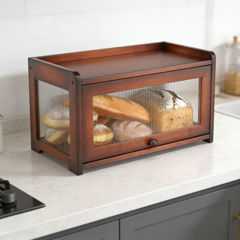 Bamboo Bread Box With Clear Window, Large Capacity Bread Storage Container With Slide-In Door, Farmhouse Style Bread Bin For Kitchen Counter