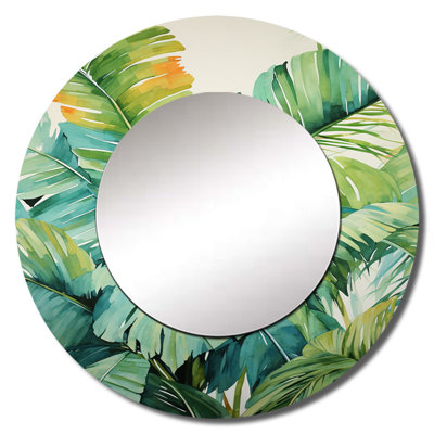 Watercolor Tropcial Palm Tree Collage - Coastal Tropical Unique Wall Mirror Decor, Coastal Large Round Mirror, Printed Metal Art