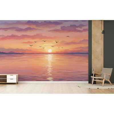 Papier peint coucher de soleil aquarelle, coucher de soleil sur la mer avec art mural Ocean Beach pour chambre de bébé ou salon 