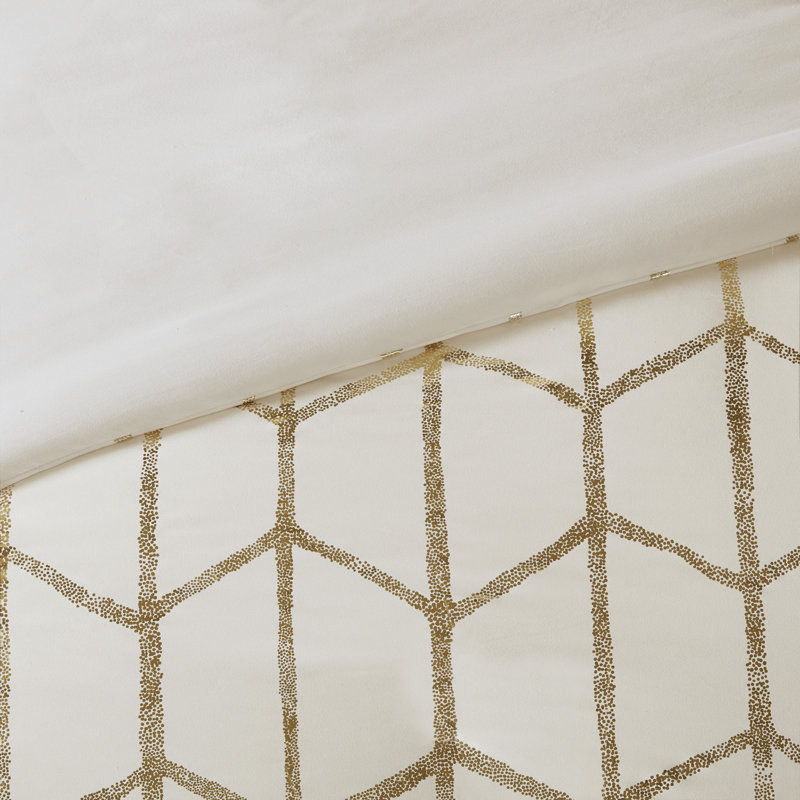 Ensemble de housse de couette à imprimé métallique Raina, Simple / Simple TG, Ivoire/doré