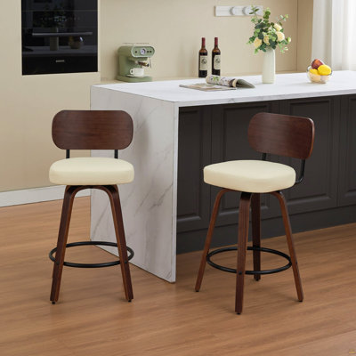 Swivel Bar Stools Set Of 2, 26" Upholstered Faux Leather Counter Height Barstools With Walnut Back & Bentwood Legs, Mid Century Modern Bar Chairs Island Stools