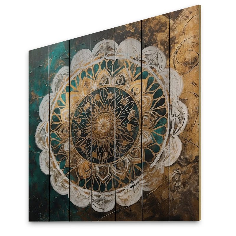 Nandan sarcelle et mandala doré I sur bois, H 25 po x l 25 po x P 0,78 po