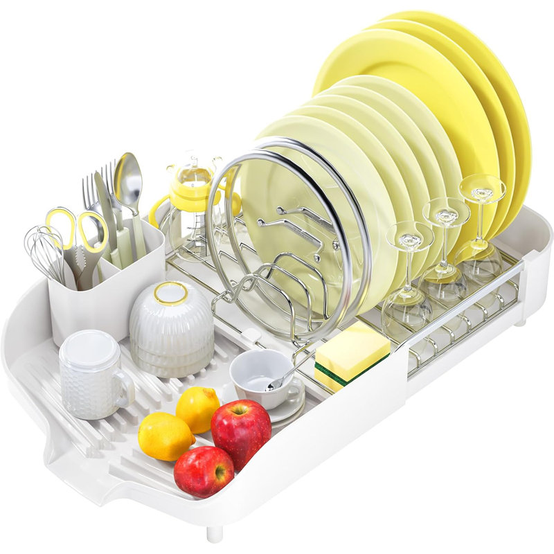 White Stainless Steel Foldable Dish Drying Rack with Utensil Cup